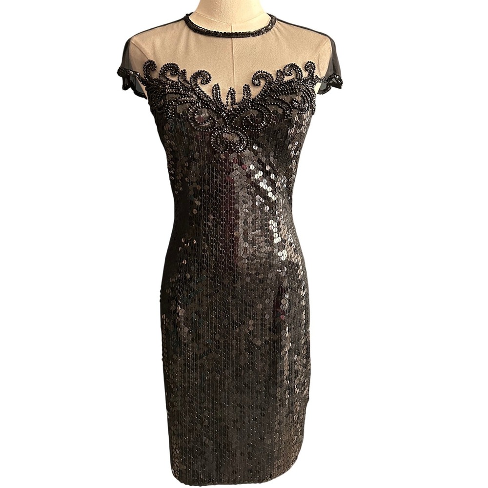 VTG Nite Line by AJ Bari Black Sequin Beaded Illusion Dress Size‎ 4